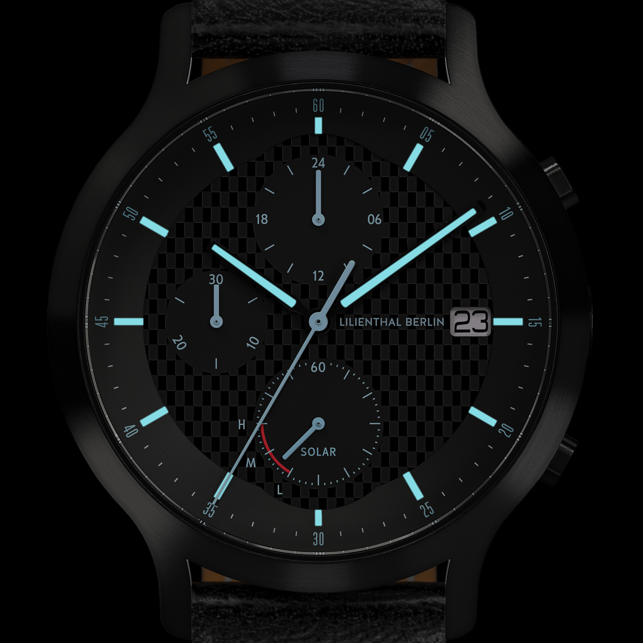 Black analog solar watch with luminous hands, subdials, date display, and textured face