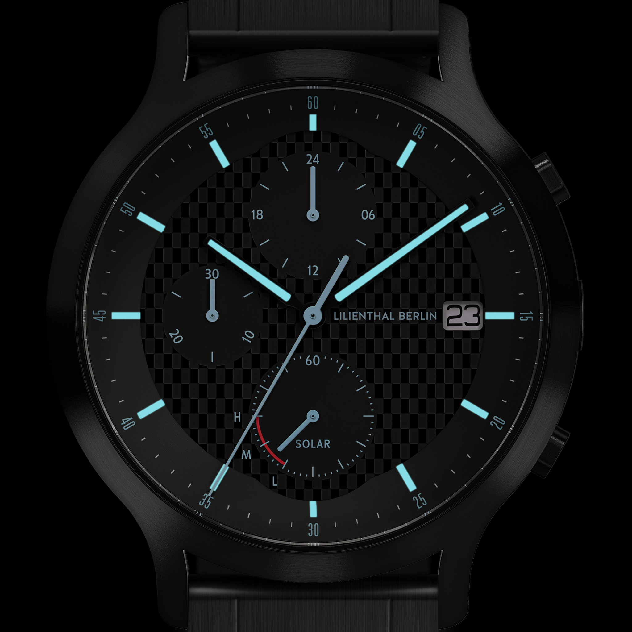 Black solar-powered chronograph watch with blue markers, checkered dial, and date display
