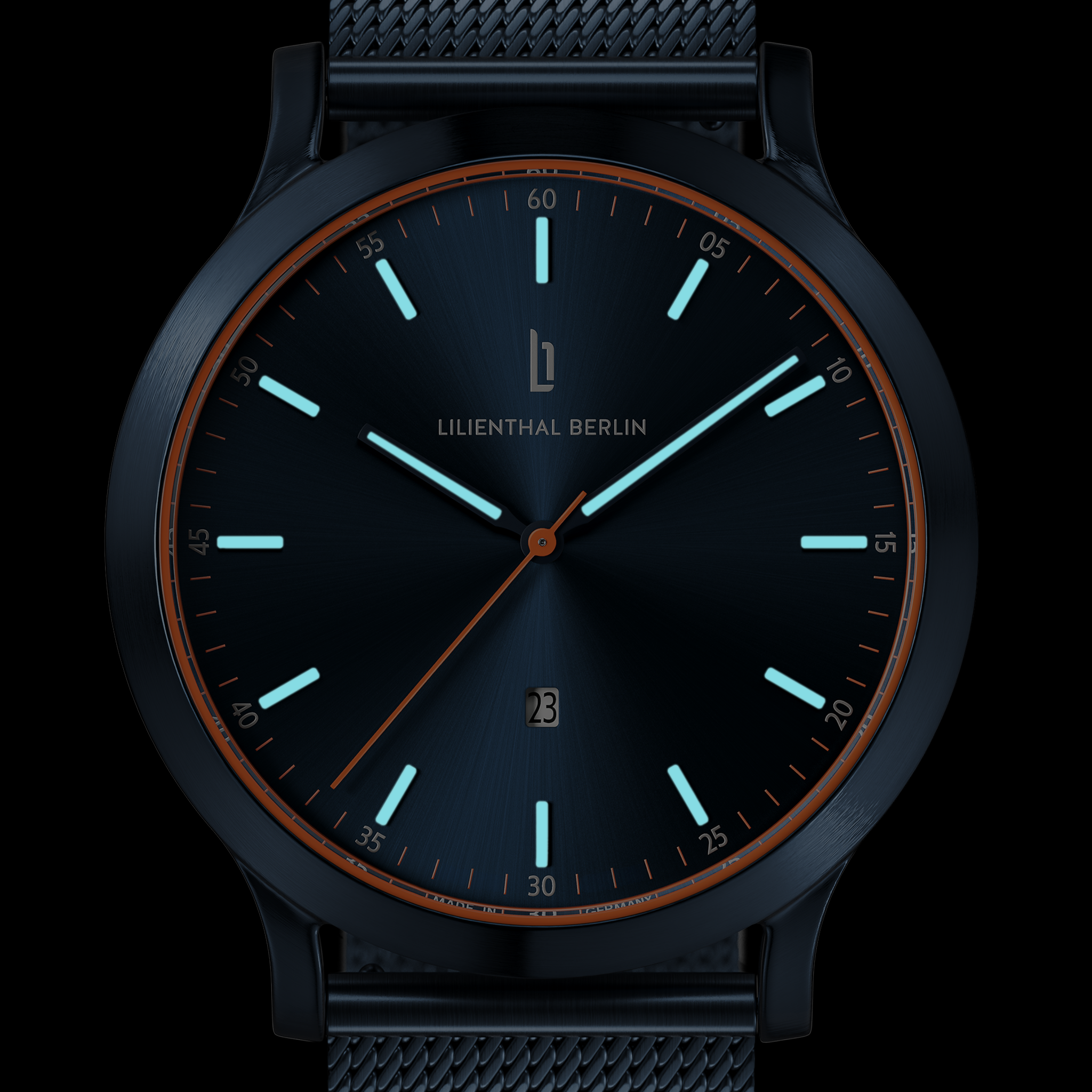 Modern black wristwatch with blue luminous markers, mesh strap, and minimalist dial design