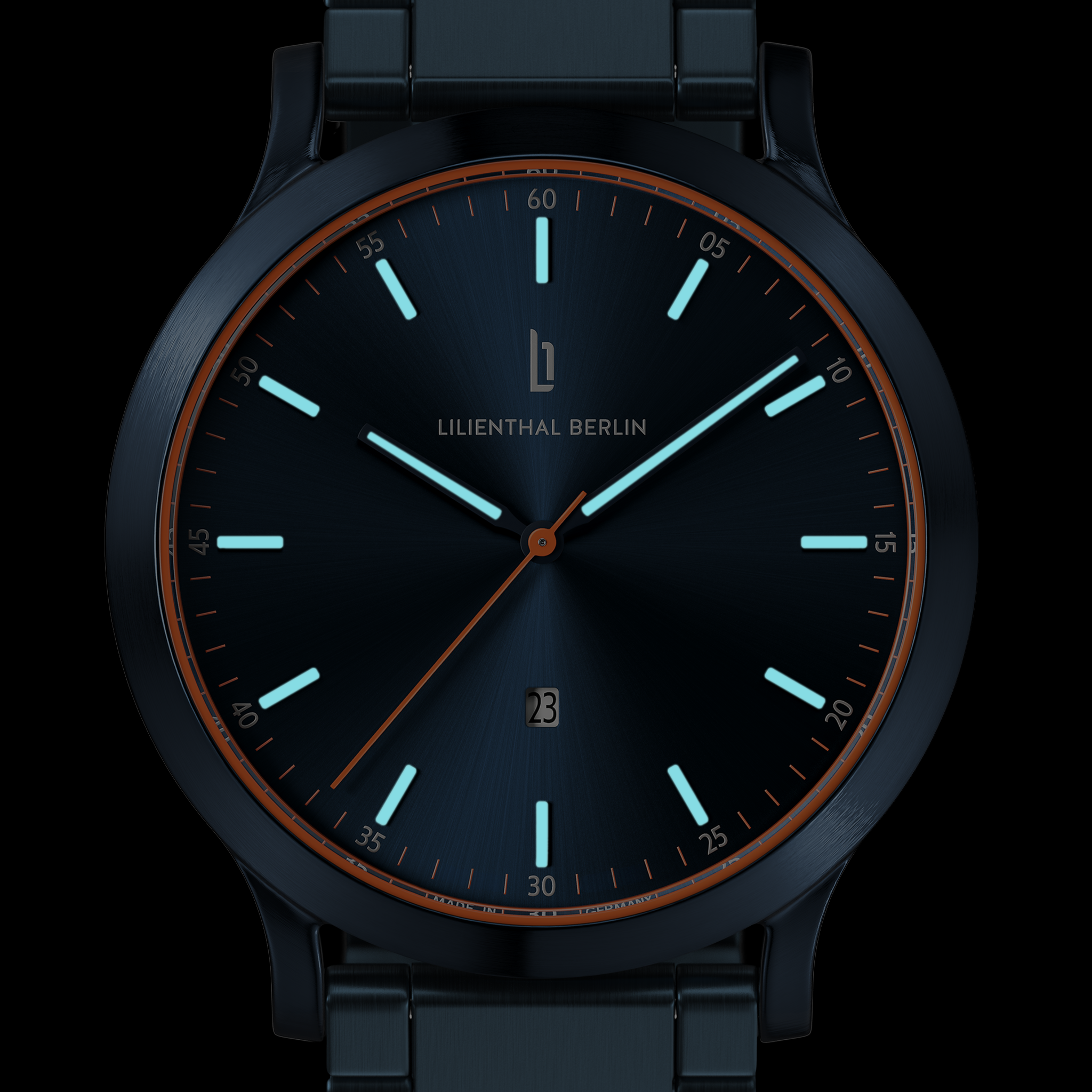 Modern dark blue analog wristwatch with luminous markers, orange accents, and date display