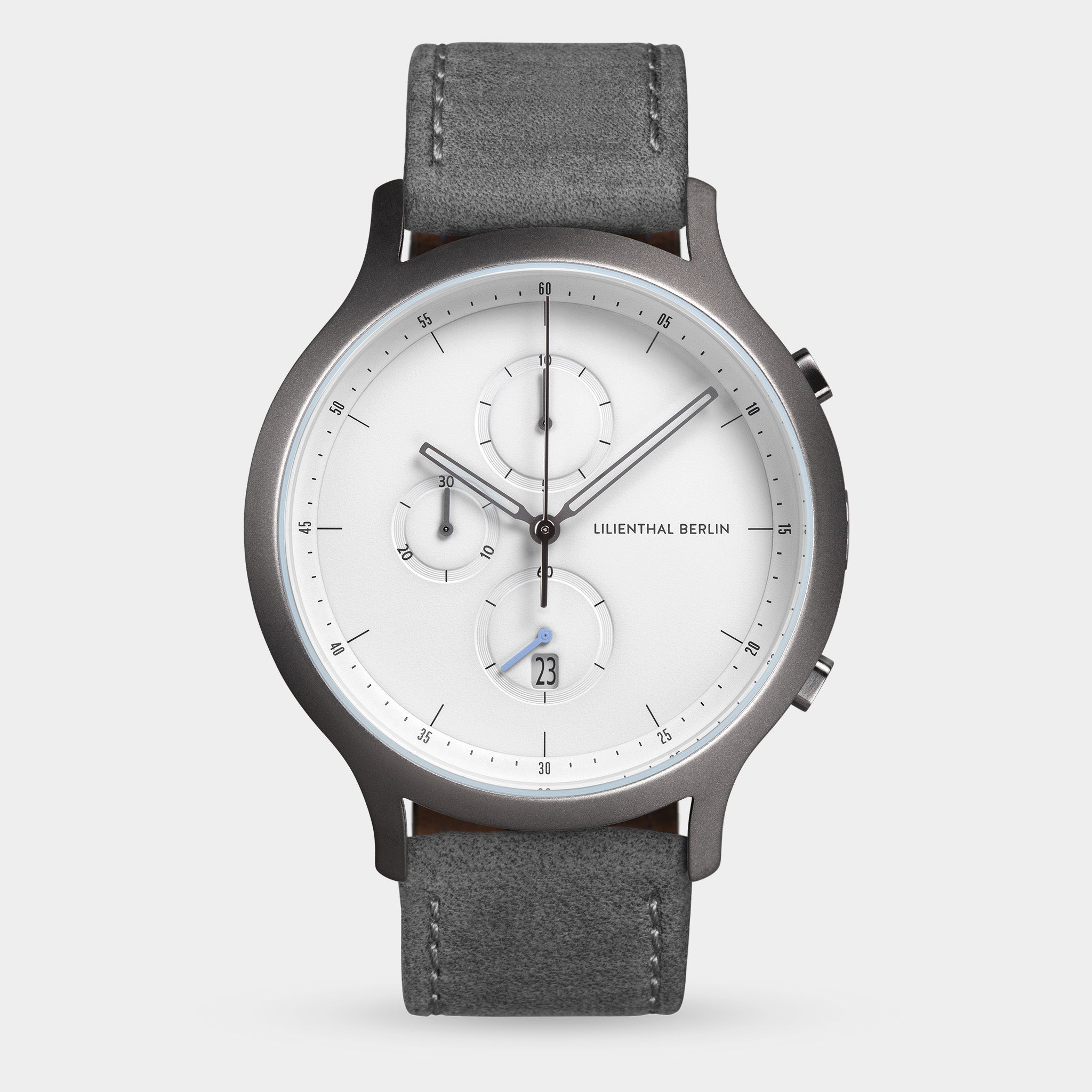 Minimalist men's chronograph watch with grey strap, white dial, and date display