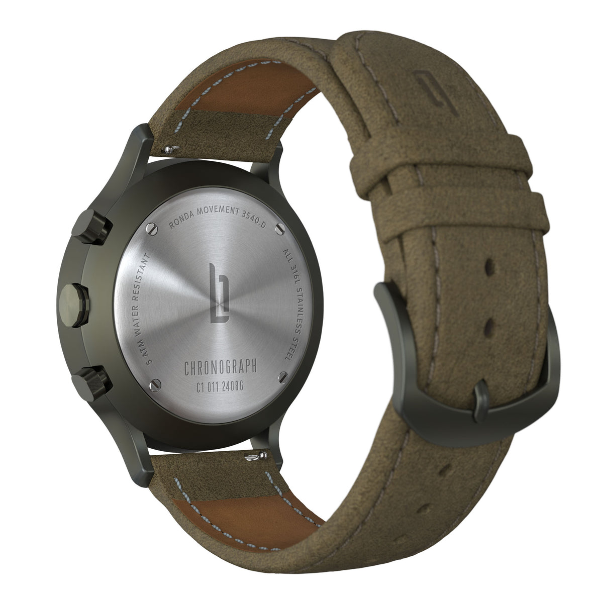 Stainless steel chronograph watch back with textured brown leather strap and metal buckle