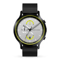 Modern chronograph watch with black mesh strap, silver dial, yellow accents, and subdials.