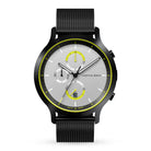 Modern chronograph watch with black mesh strap, silver dial, yellow accents, and subdials.