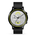 Modern chronograph watch with black mesh strap, silver dial, yellow accents, and subdials.