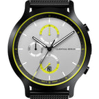 Modern chronograph watch with black case, silver dial, yellow accents, subdials, and date display