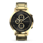 Gold stainless steel chronograph watch with black dial and date display