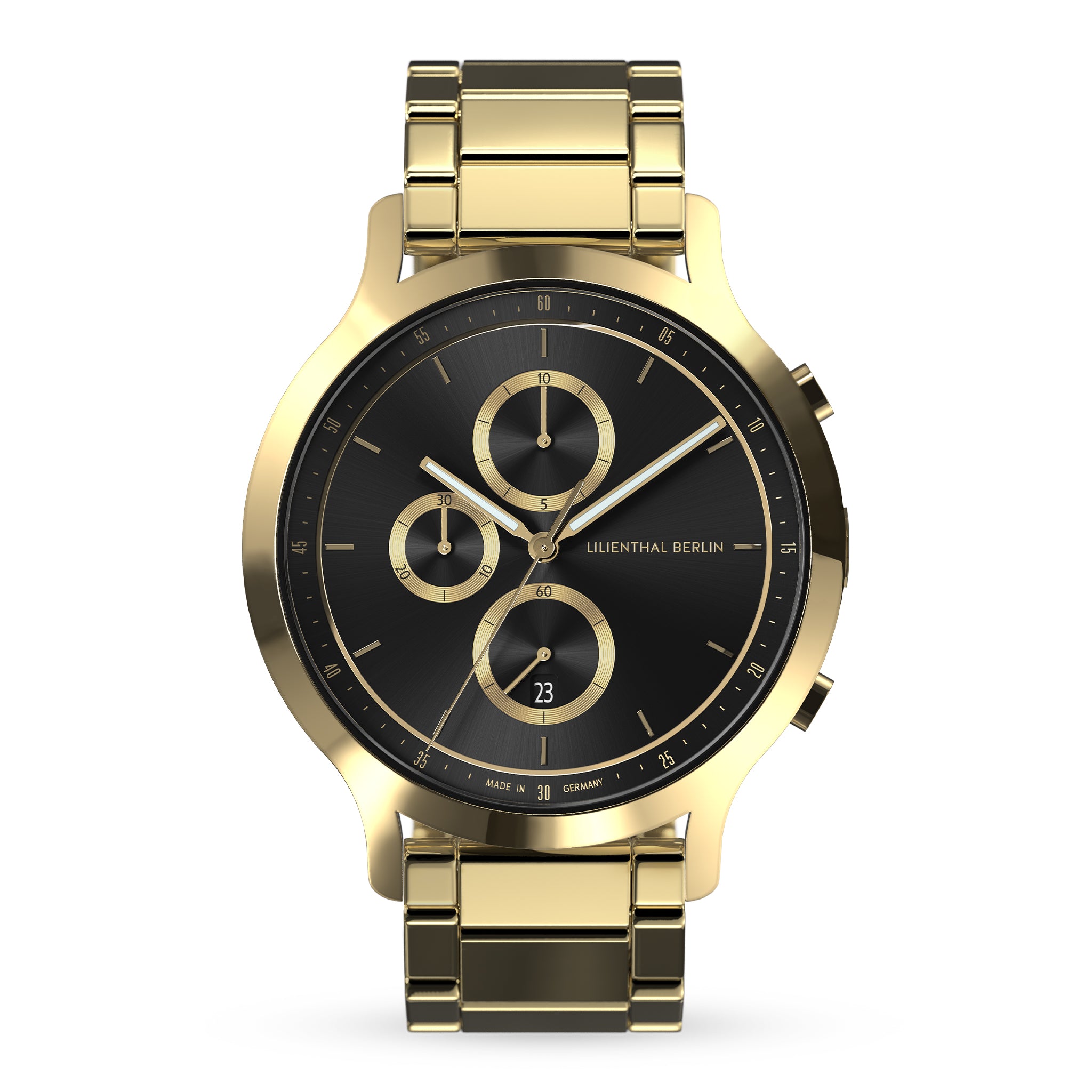 Gold stainless steel chronograph watch with black dial and date display