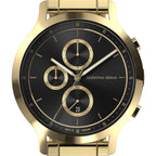 Gold chronograph watch with black dial, gold accents, and three subdials, close-up view
