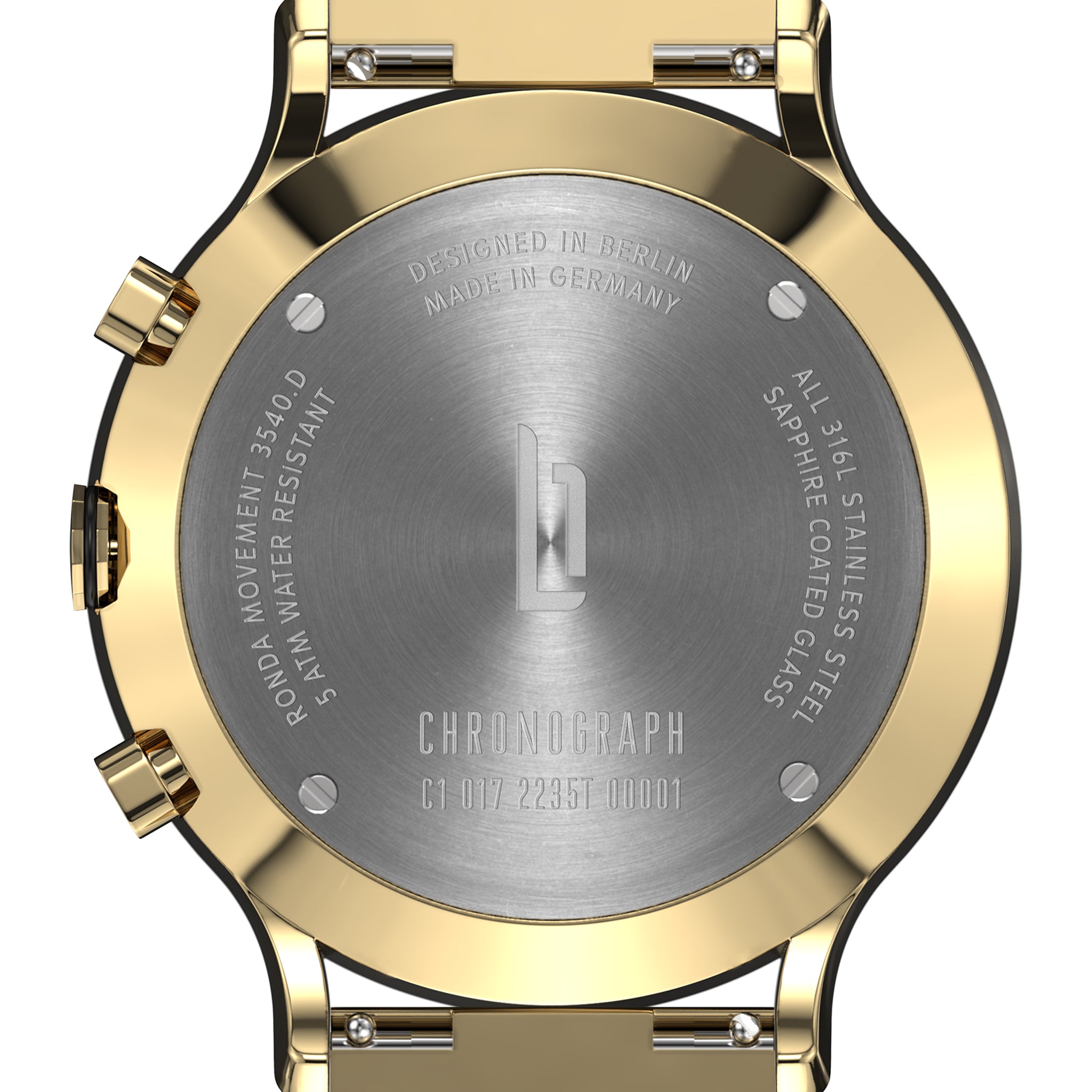 Gold and silver chronograph watch back with engraved details, stainless steel case