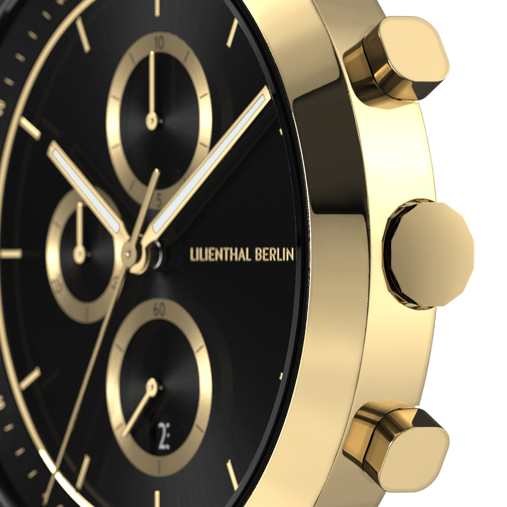 Close-up of gold and black chronograph watch with subdials and Lilienthal Berlin logo