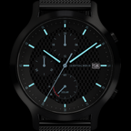 Black solar chronograph watch with date display and blue accents on textured dial