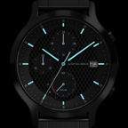 Black solar-powered chronograph watch with blue markers, checkered dial, and date display