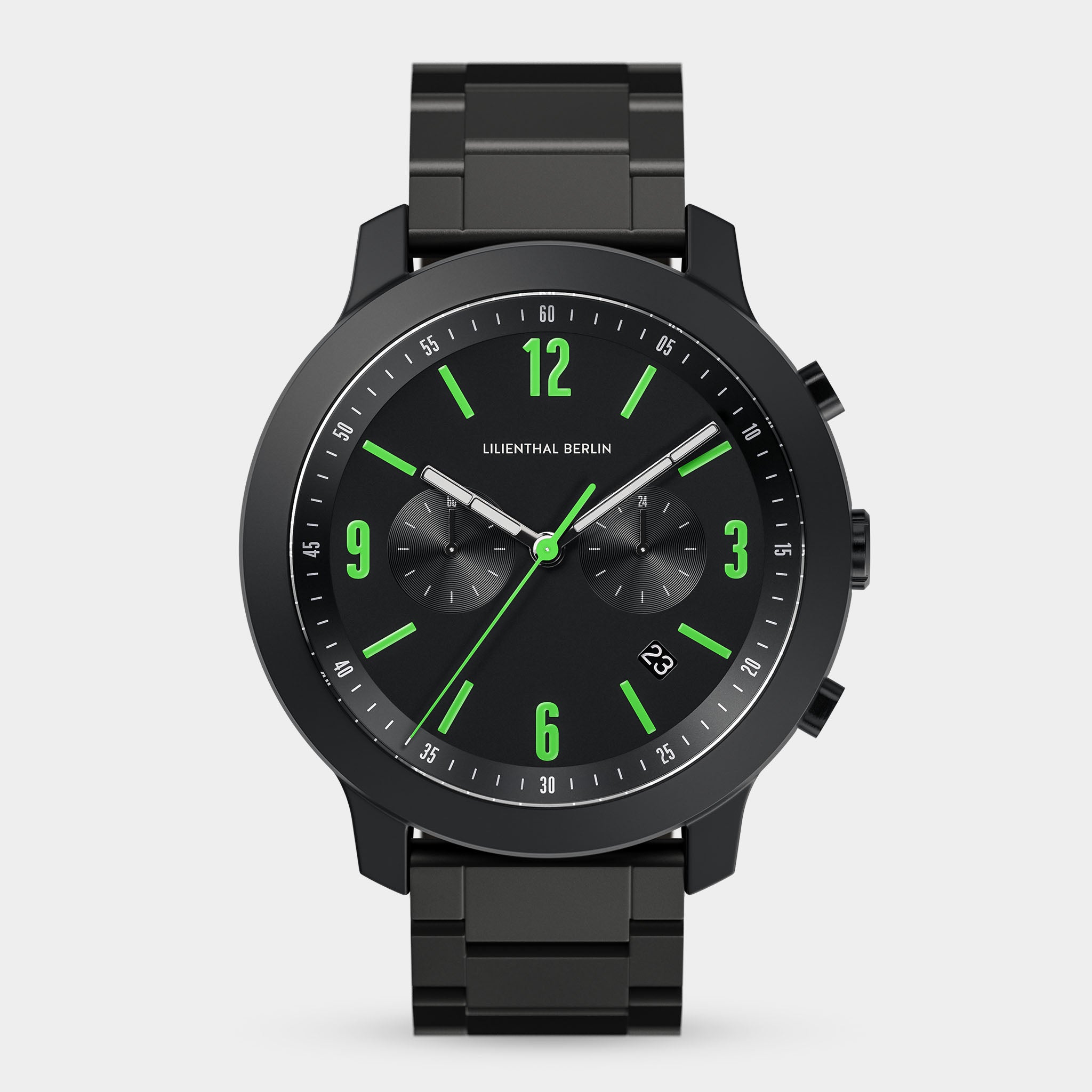 Black chronograph wristwatch with green hour markers and black metal band on white background