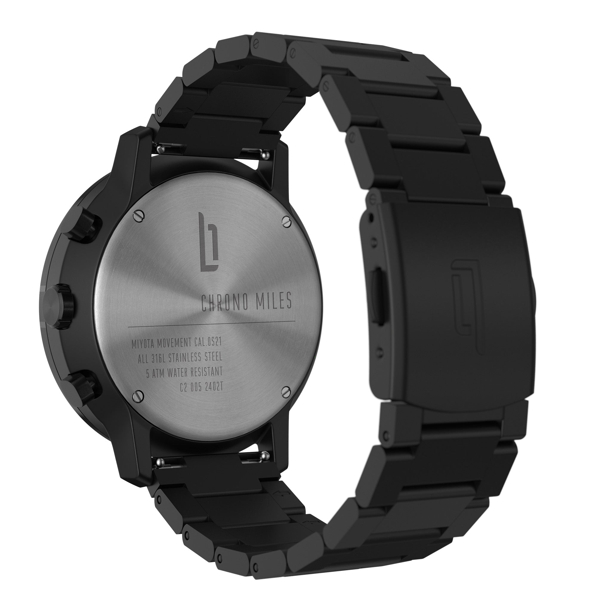 Back view of Chrono Miles black stainless steel watch with engraved case and metal band