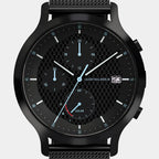 Black solar chronograph watch with mesh strap, checkerboard dial, and blue hands