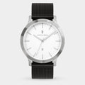 Minimalist silver wristwatch with white dial, black mesh strap, and date display