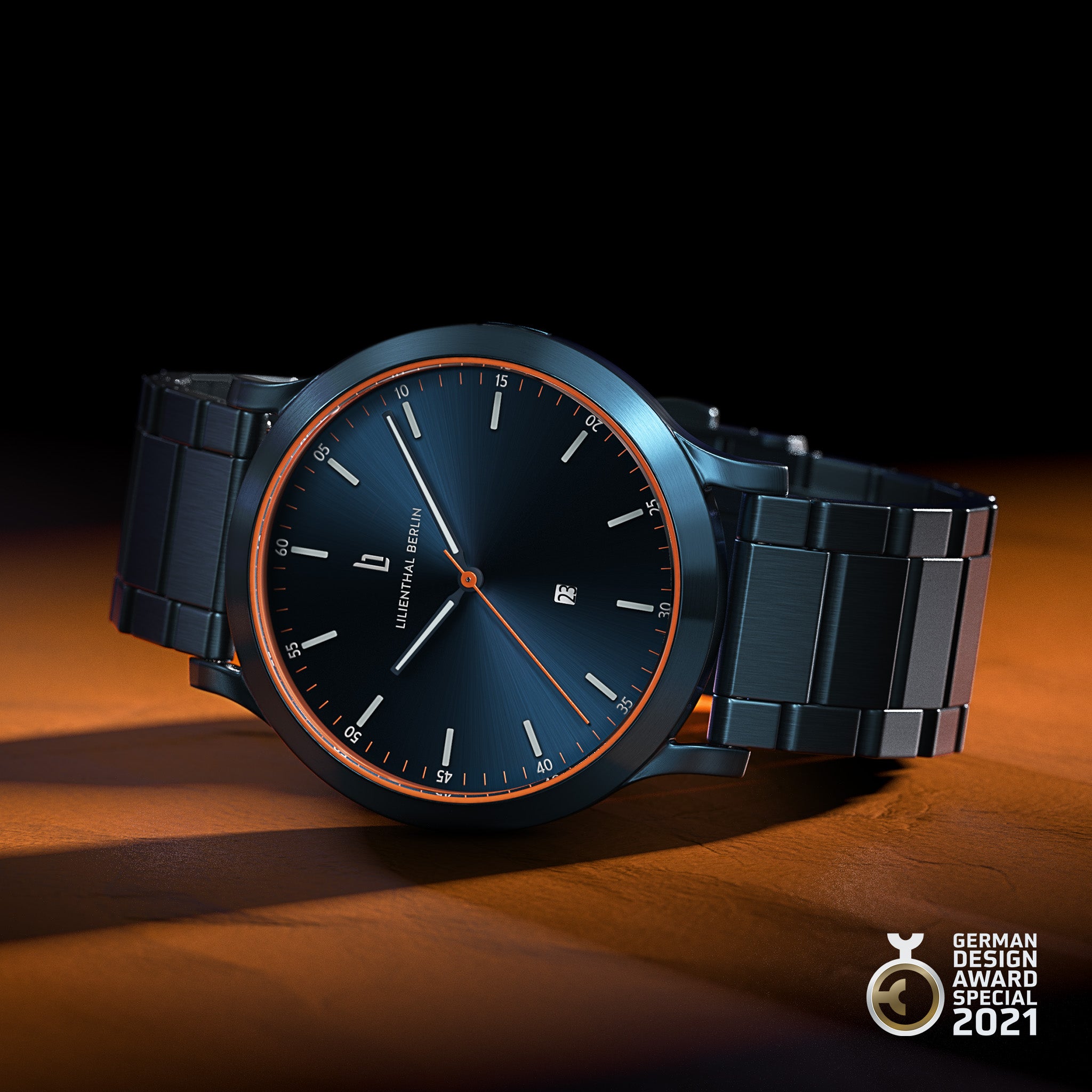Sleek black stainless steel watch with orange accents and date display, German Design Award 2021.
