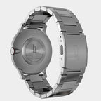 Stainless steel watch back with metal bracelet, engraved details, and clasp logo