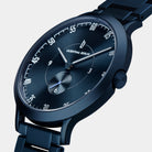 Sleek black wristwatch with minimalist dial, metal strap, and bold white numerals