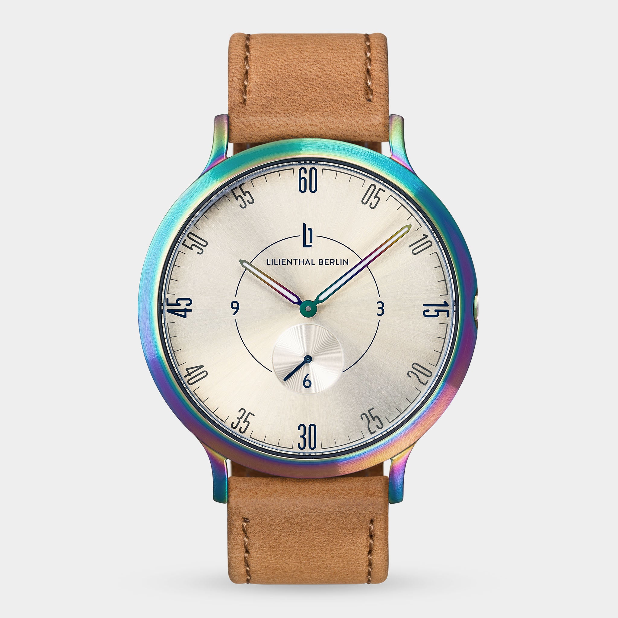Rainbow metallic watch with tan leather strap, minimalist dial and small seconds subdial
