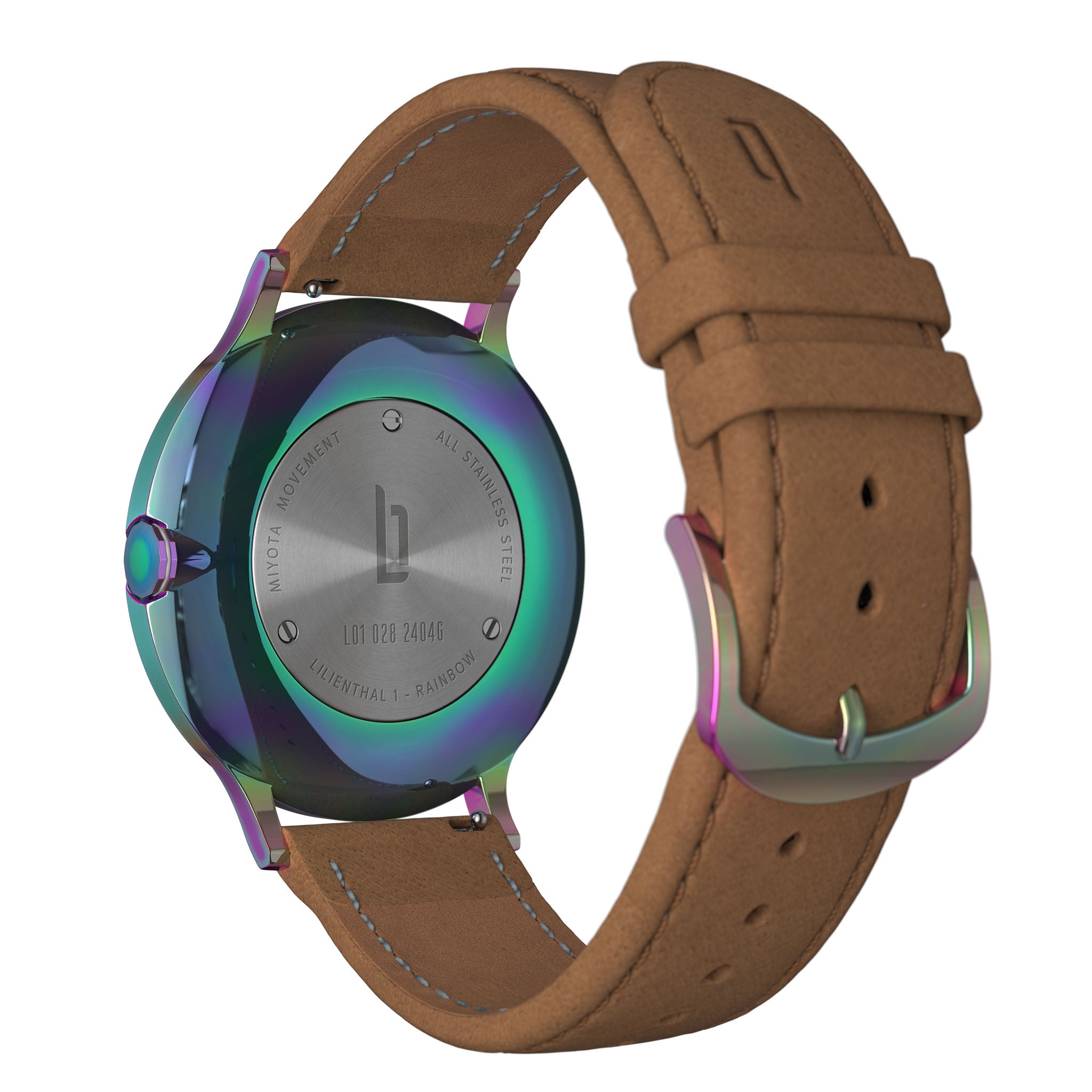 Stainless steel watch with rainbow bezel and brown leather strap, caseback view