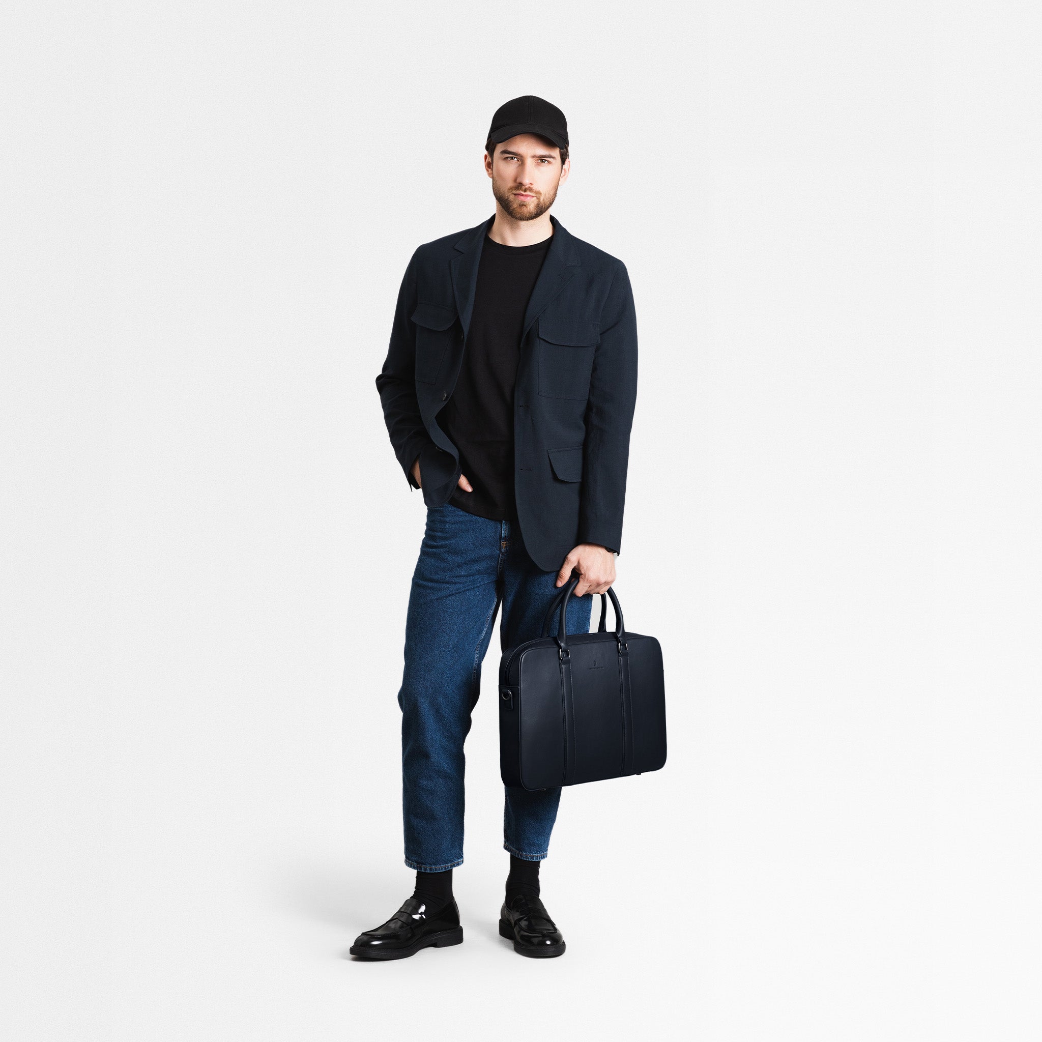Classic Briefcase Cactus Leather Navy Blue - Lilienthal Berlin